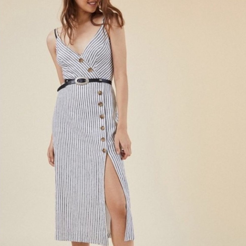 Urban Outfitters -White/Blue Midi Linen Wrap Dress